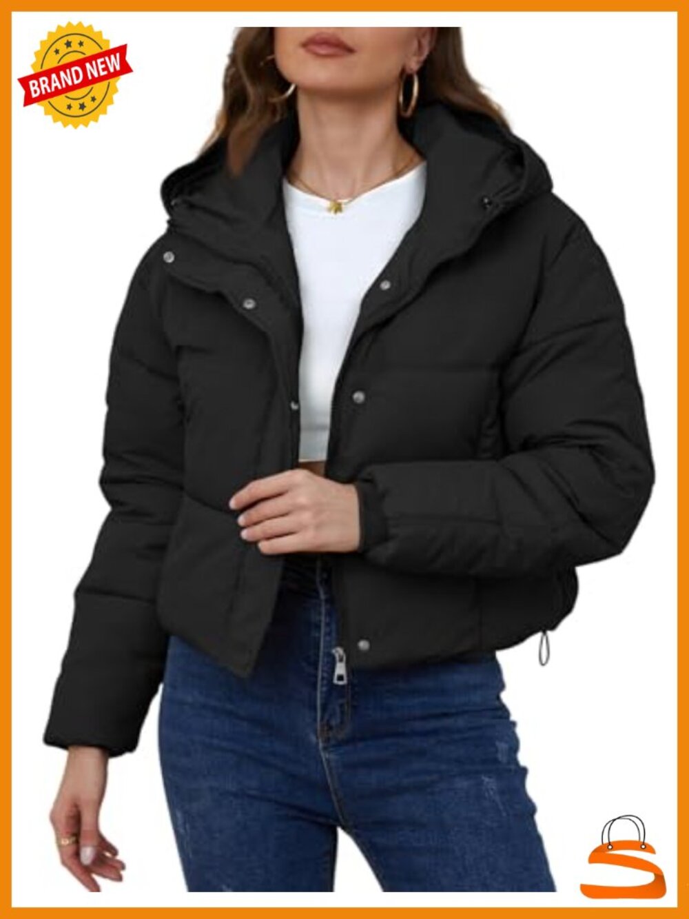 Womens Cropped Puffer Jacket Hooded Winter Coat Quilted Lightweight